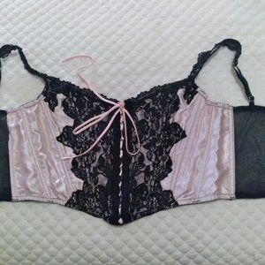 Frederick's of Hollywood pink silk & black lace corset
